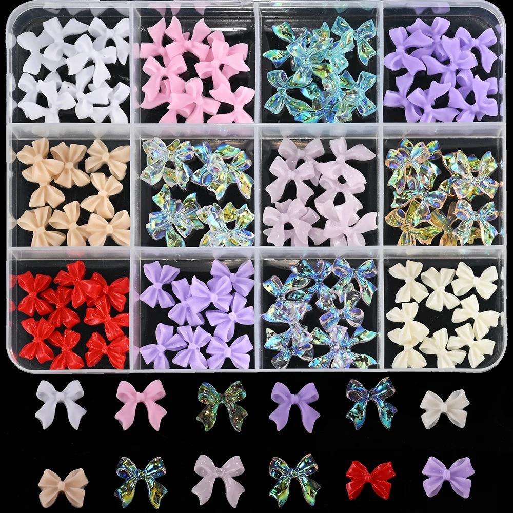 12Grids/Box Mixed Resin Bowknot Nail Charms 3D Colorful Bow Kawaii Rhinestone Nail Art Decorations DIY Manicure Parts Pen Tweeze
