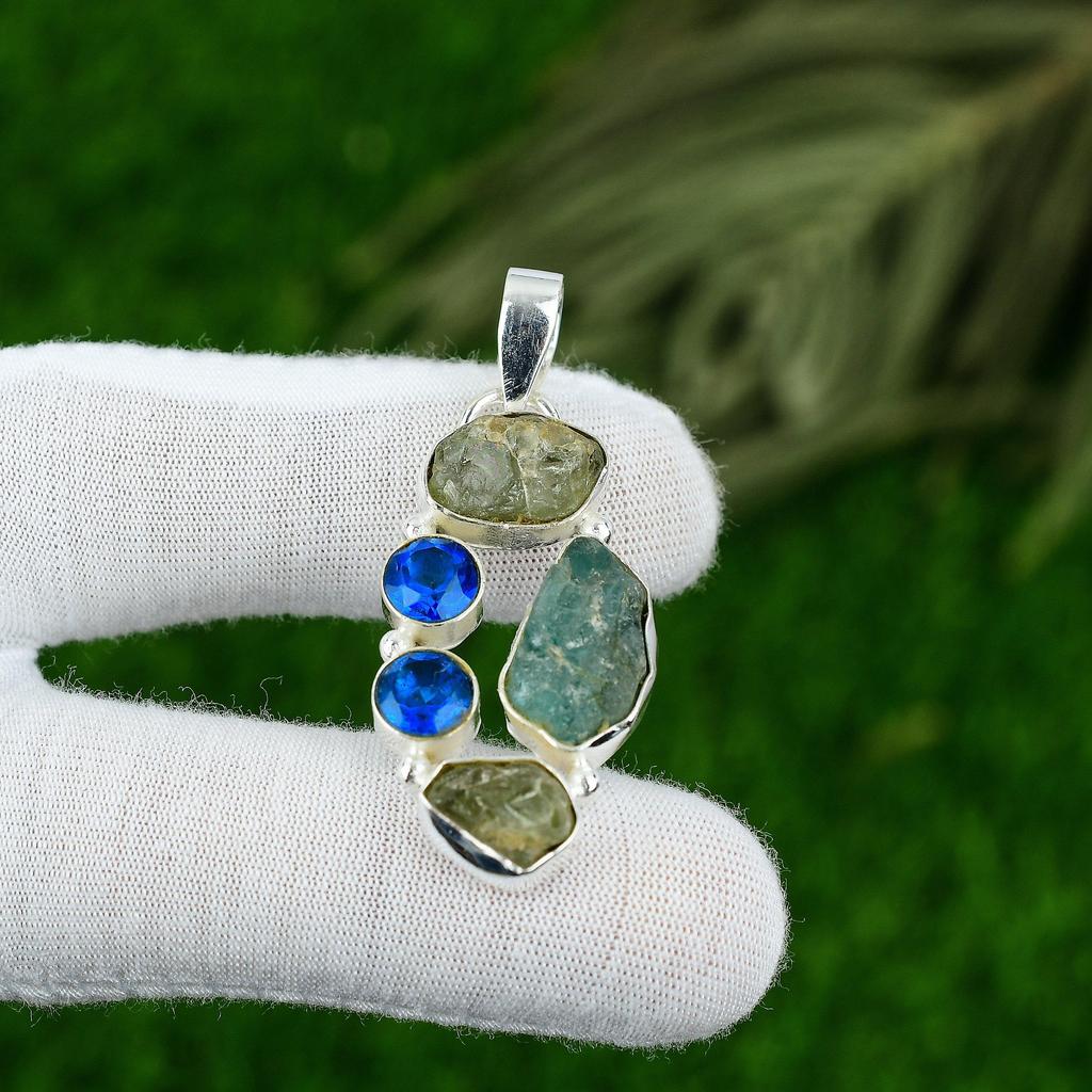 Womens day Sale 925 Sterling Silver Natural Apatite Rough Blue Topaz New Pendant