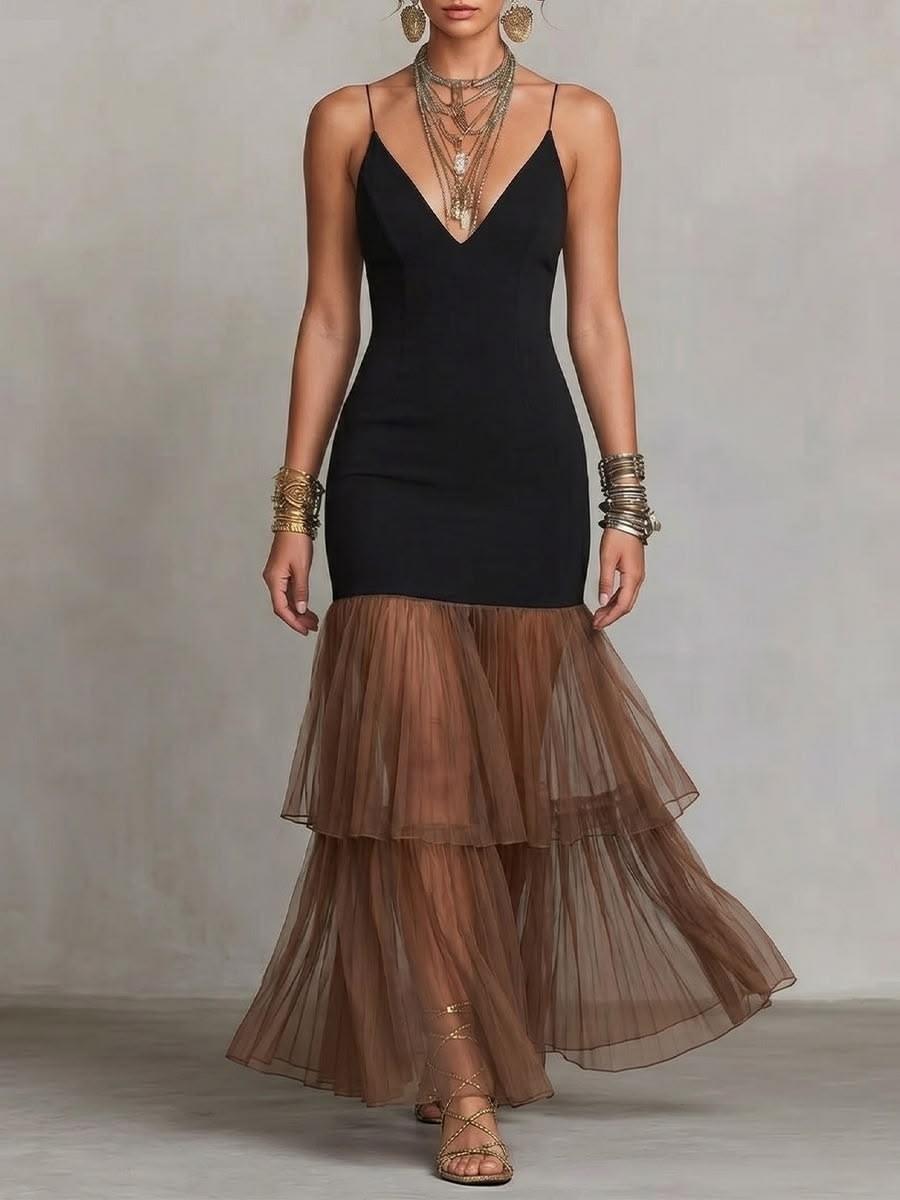 Cross-border popular sleeveless dress V-neck, temperament, bohemian style, European and American fashion S чёрный