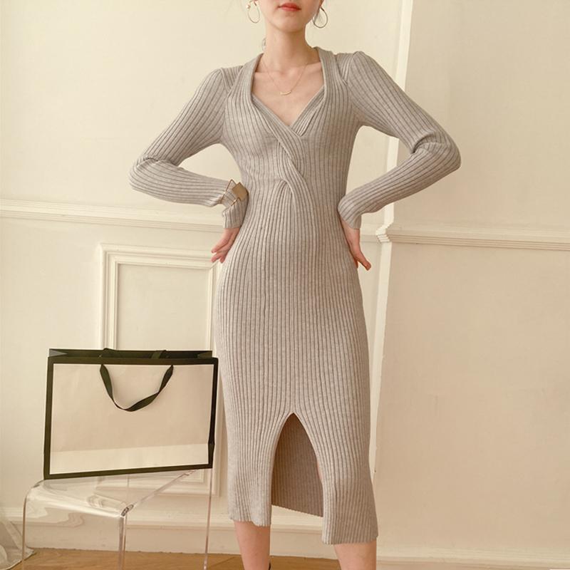 Elegantní Office Lady Bodycon Pletené šaty Ženy Sexy vlnité Společenské šaty s výstřihem do V Podzim Zima Slim Fit Šaty pod kolena s dlouhým rukávem