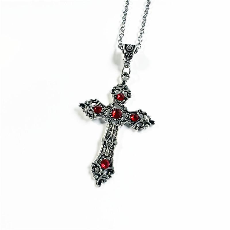 Gothic Black And Red Gemstone Cross Pendant Necklace With Alloy Chain For Men Women
