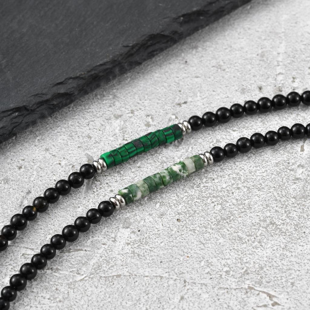 Vnox Adjustable Trendy Natural Stone Bracelet for Men, Stainless Steel Malachite Green Spot Stone Black Onyx Beaded Bracelet NEW