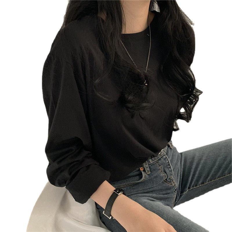 2023 Korean Style Women's Solid Color Long Sleeve T-shirt - Loose Fit, All-Match, for Spring & Autumn