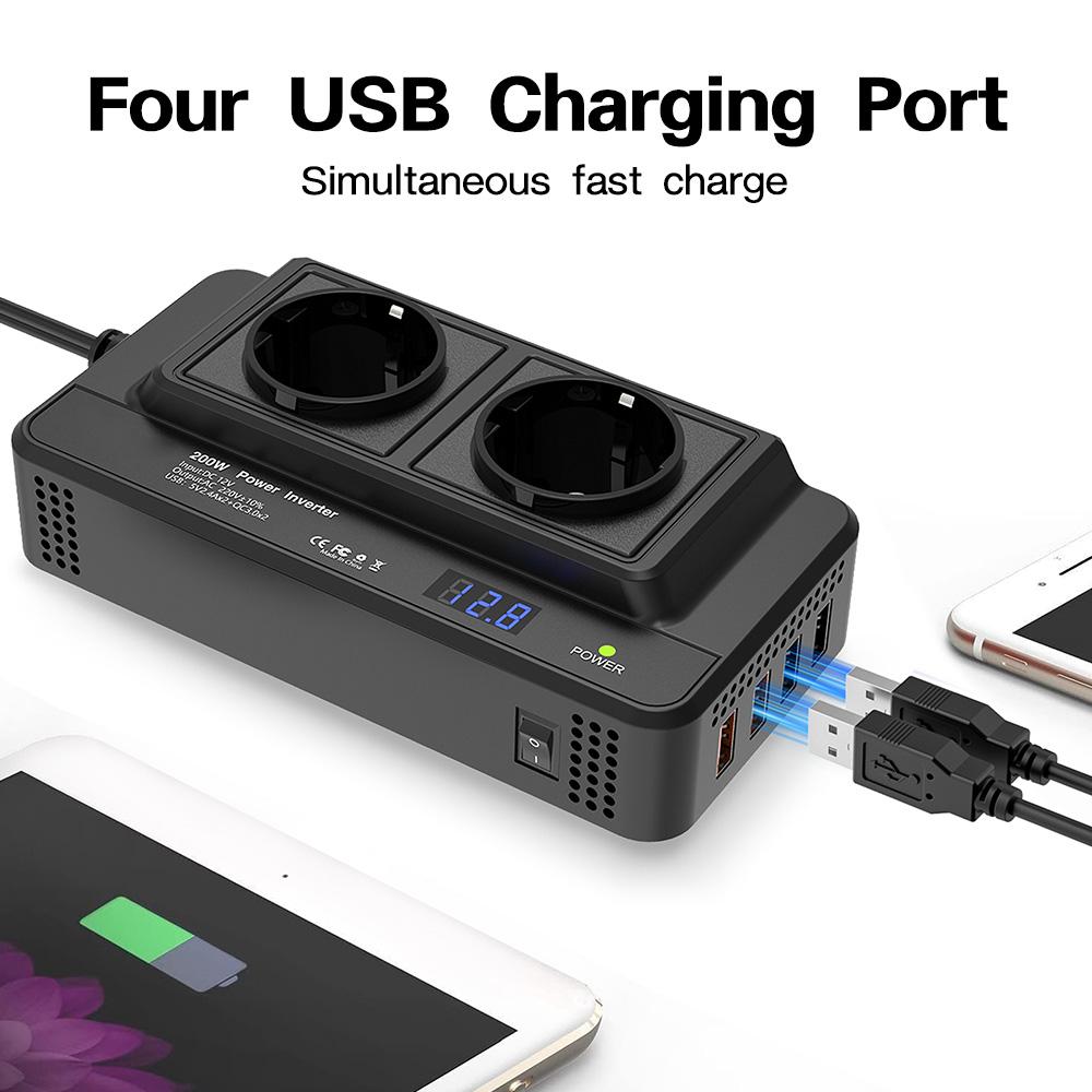 200W Car Inverter DC 12V To AC 110V 220V Car Inverter Converter Auto Power Adapter USB Type C US EU Plug