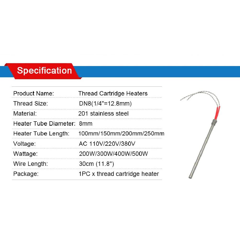 LJXH DN8/12.8mm Thread Single End Mould Heating Cartridge Heater 8x100/150/200mm Tube Size 201 Stainless Steel AC110V/220V/380V