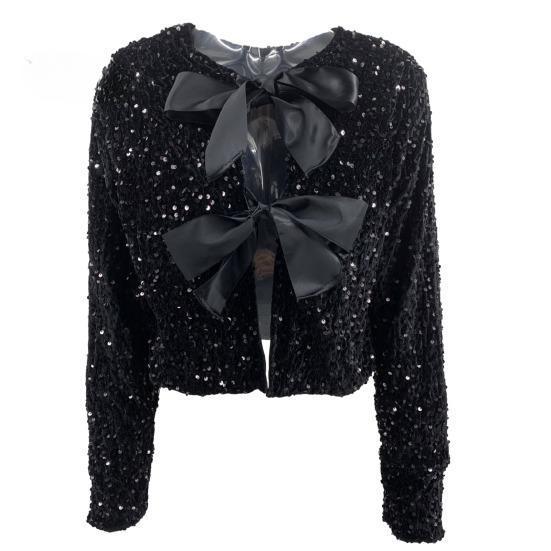 Women Autumn Winter Cropped Coat O-neck Long Sleeve Sexy Nightclub Coat Sequins Bowknot Lace Up Glitter Cardigan Party Club Outerwear