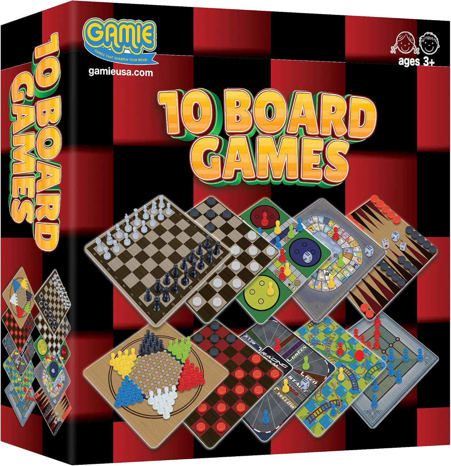 

10-Game Set: Classic Family Board Games with 5 Double-Sided Boards – Backgammon, Chess, Checkers & More