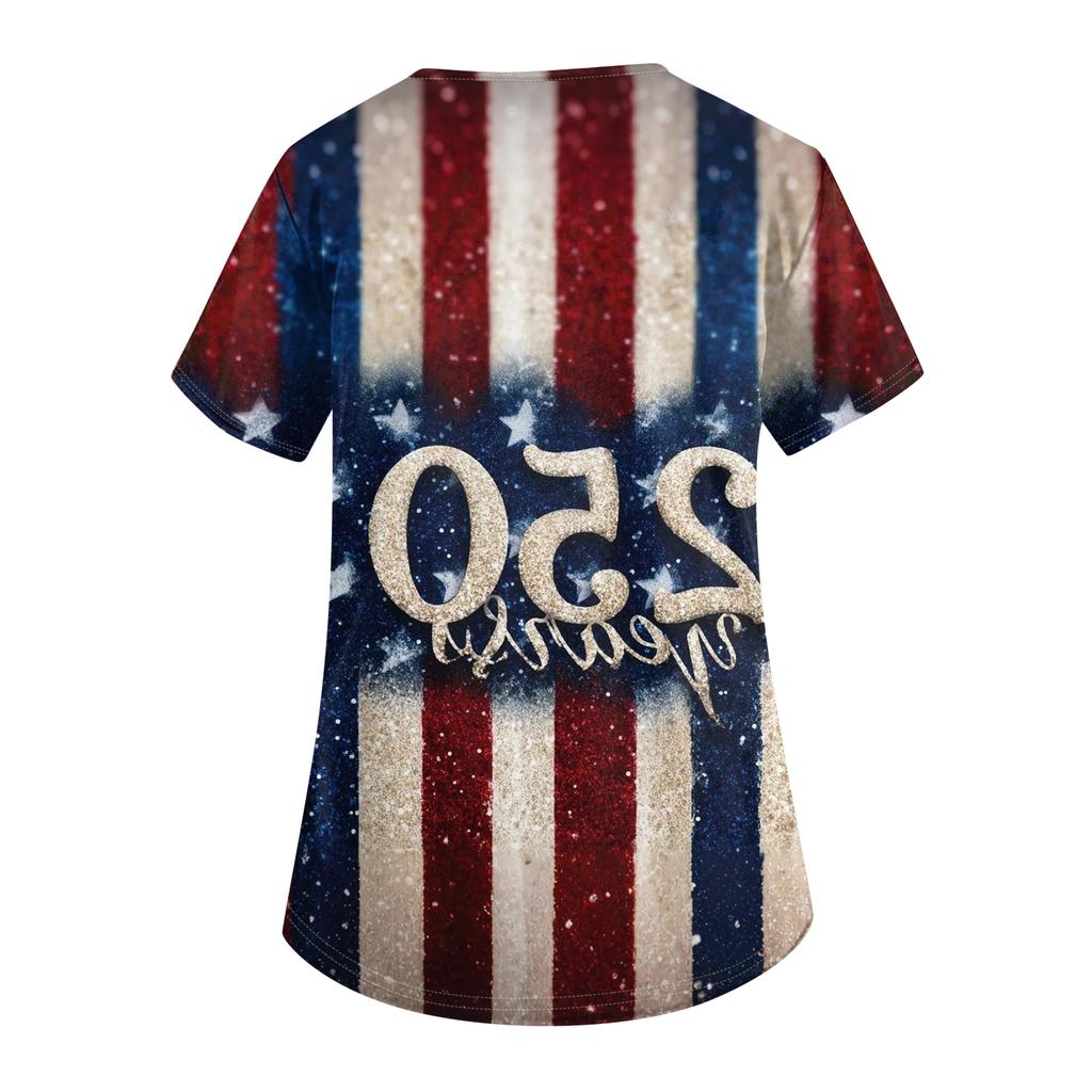 Damen V-Ausschnitt Unabhängigkeitstag Aufdruck Kurzarm Tasche Seitenöffnung Schutzkleidung Arbeitshemd