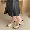 Modne SUOJIALUN 2025 Wiosna Złoty Metalowy Nosek Damskie Eleganckie Sandały Nowa Marka Płytkie Wsuwane Buty Slingback Cienki Wysoki Obcas Czółenka na Sukienkę