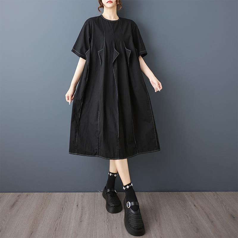 Dimanaf New 2025 Plus Size Summer Dress Women Basic Black Casual Short Sleeve Dress Loose Long Dress