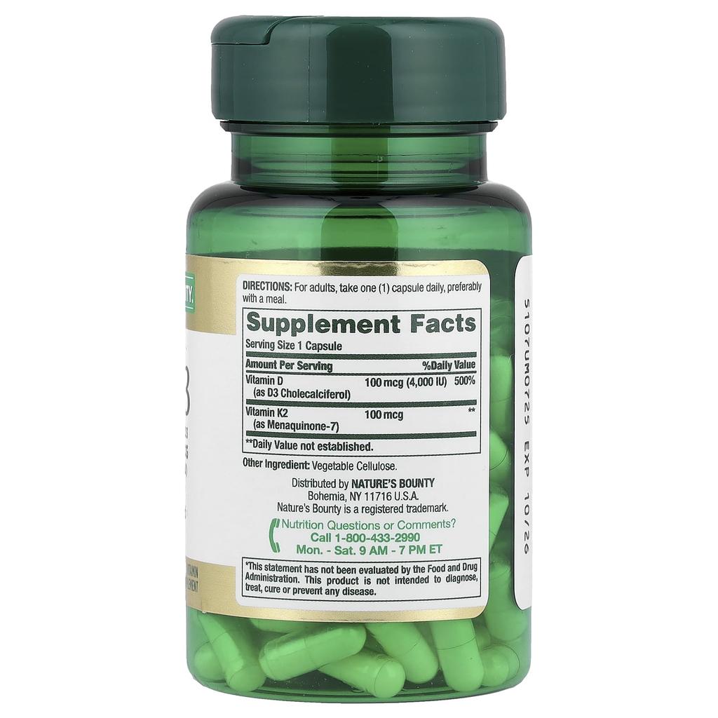 Nature's Bounty, Vitamin K2 + D3, 60 Veggie Capsules