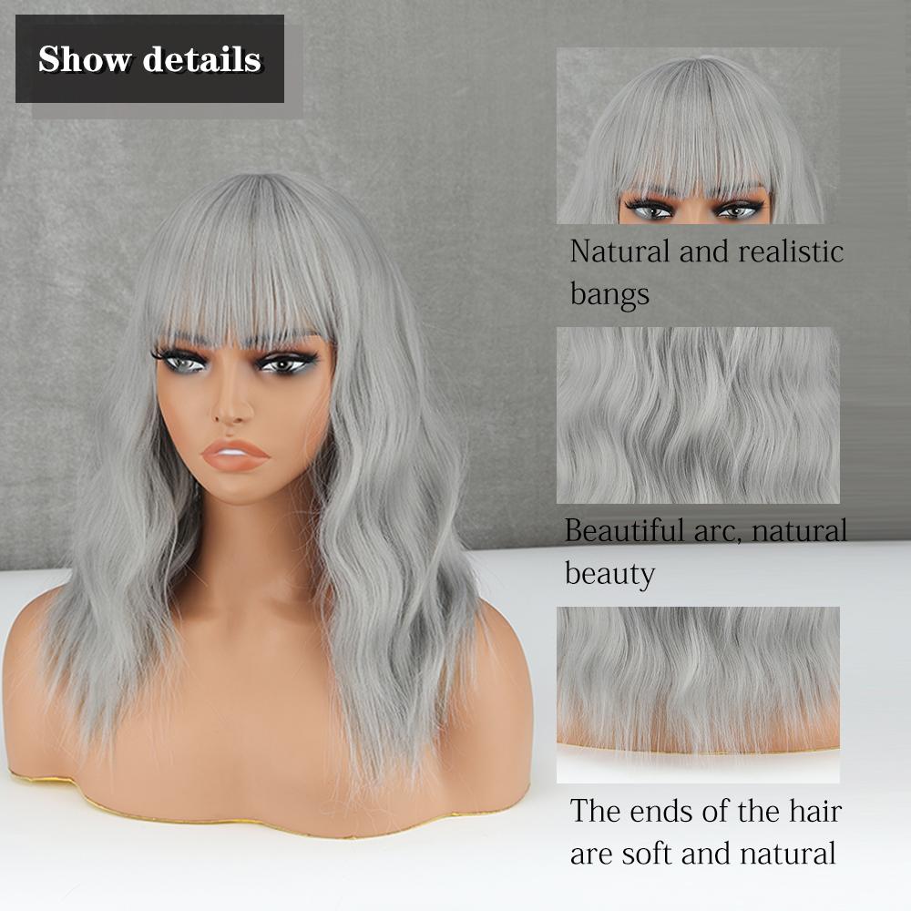 LISI HAIR Short Curl Wig Middle Long Natural Wave Hair Synthetic Wigs with Bangs for Women Gray Wig Cosplay Party Wig