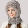 3 In 1 Knitted Hat Women Soft Plush Winter Scarf with Face Guard Adjustable Straps Windproof Hooded Design Scarf