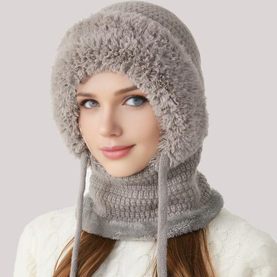 3 In 1 Knitted Hat Women Soft Plush Winter Scarf with Face Guard Adjustable Straps Windproof Hooded Design Scarf