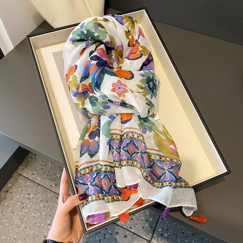 Spain Luxury Fashion Floral Dot Tassel Viscose Shawl Scarf High Quality Wrap Thin Pashmina Stole Bufandas Muslim Hijab 180*90Cm
