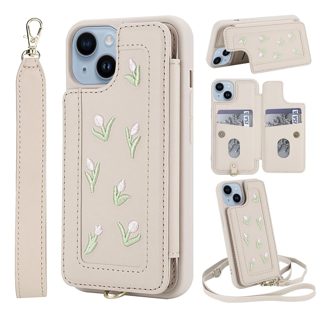 For iPhone 14/13 Case Embroidered Tulips PU Leather Card Holder Back Cover with Shoulder Strap/Wrist Strap
