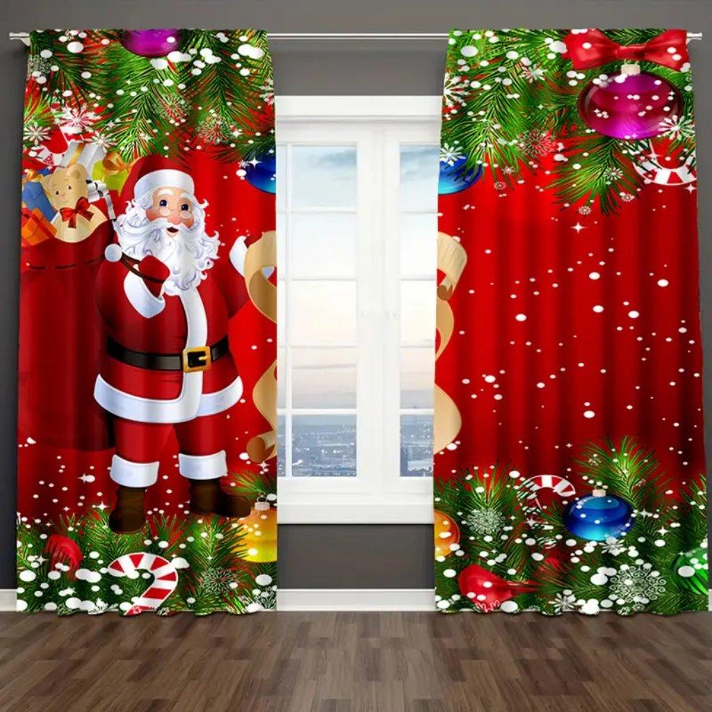 Christmas Santa Claus Curtains Set Polyester Festive Red Bedroom Doorway Drapes, Landscape and Flowers Design for New Year Decor