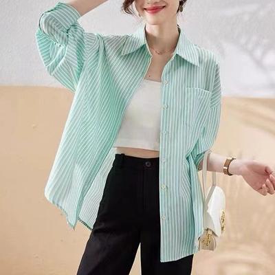 Striped Shirt Jacket Female Spring Outwear Long-sleeved Blouse Shirt Spring and Fall Casual Lazy Wind Tide Vintage Basic Office Casual Women Shirt