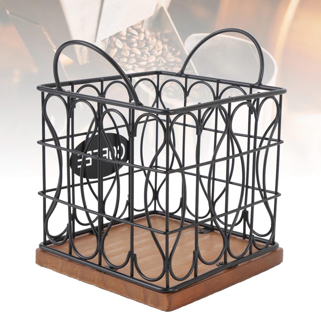Coffee Pod Holder Organizer Large Capacity Metal Storage Basket with Wooden Base for Kitchen Countertop Office Coffee Bar