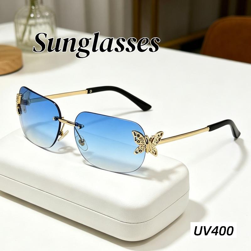2026 New Rimless Rectangular Butterfly Sunglasses Retro Metal Frame Women’s Street Style Diamond-Encrusted UV400 Shades Eyewear