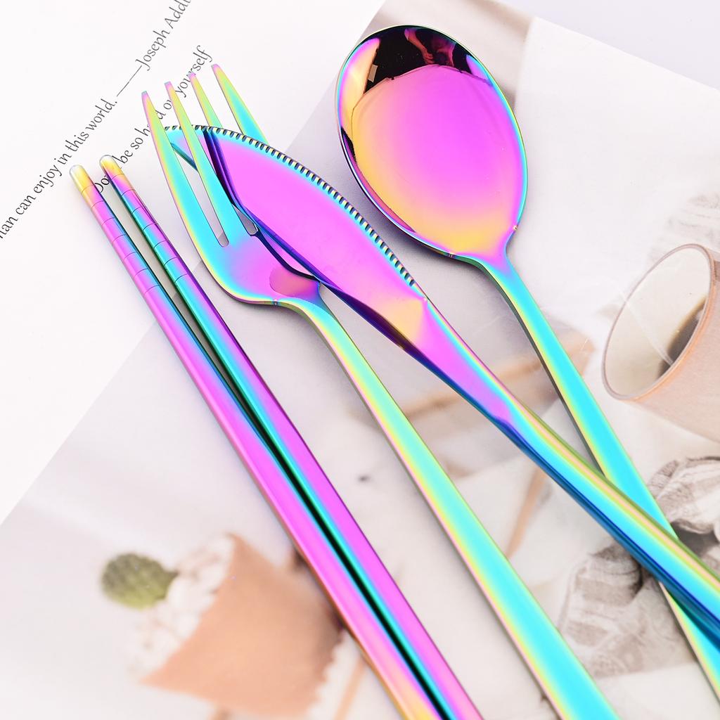 4pcs Colorful Dinnerware Set Knife Fork Spoon Chopsticks Cutlery Set Mirror Stainless Steel Flatware Western Kitchen Tableware