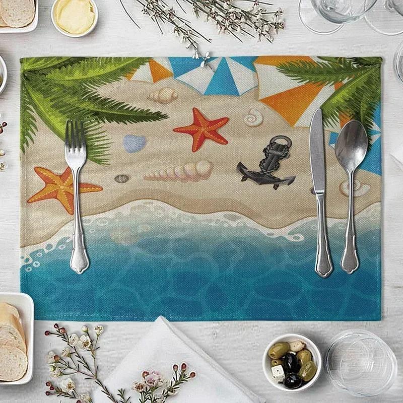 1PC Table Mats for Dining  Seaside Beach Pattern  Placemat Coconut Tree Linen