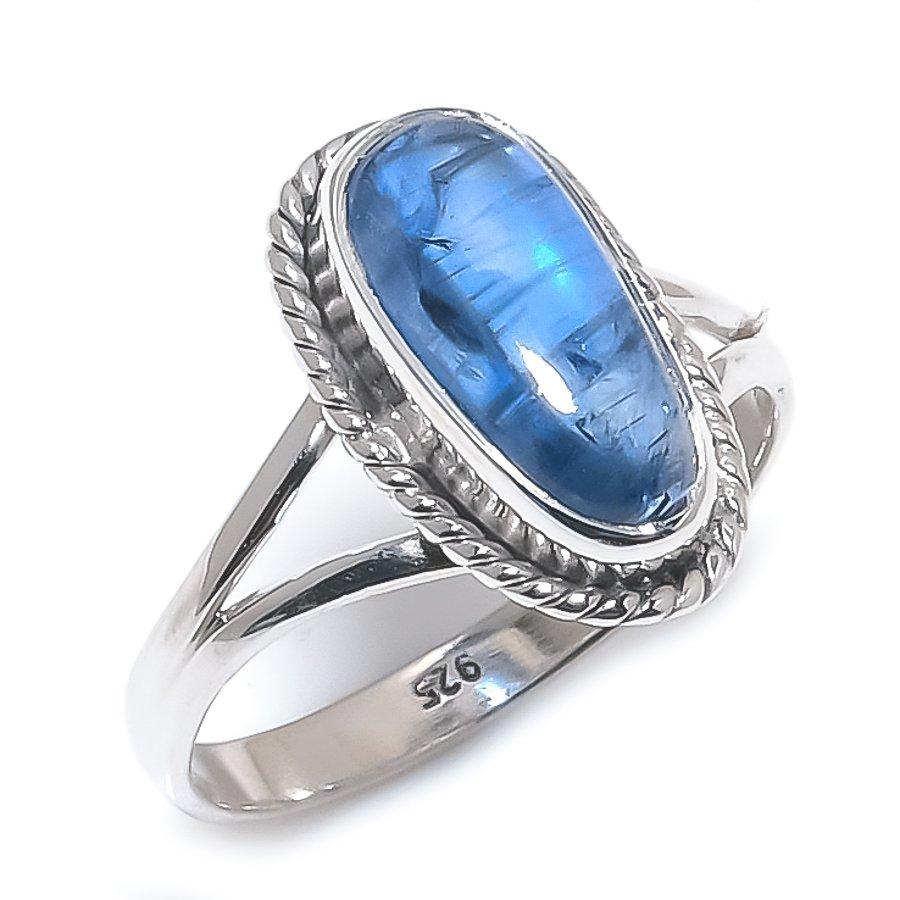 Natural Blue Kyanite Gemstone Handmade 925 Solid Silver Jewelry Ring Size 8 Q3y84