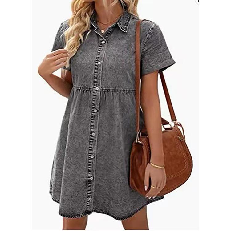 Abiti Camicia in Denim da Donna Manica Corta Collo a Revers Vestito di Jean Monopetto Top Bordo Arricciato Ampio Abiti da Donna