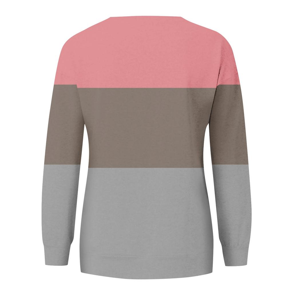 Women's Fashion Casual Long Sleeve Round Neck Jump Color Pullover Top Blouse