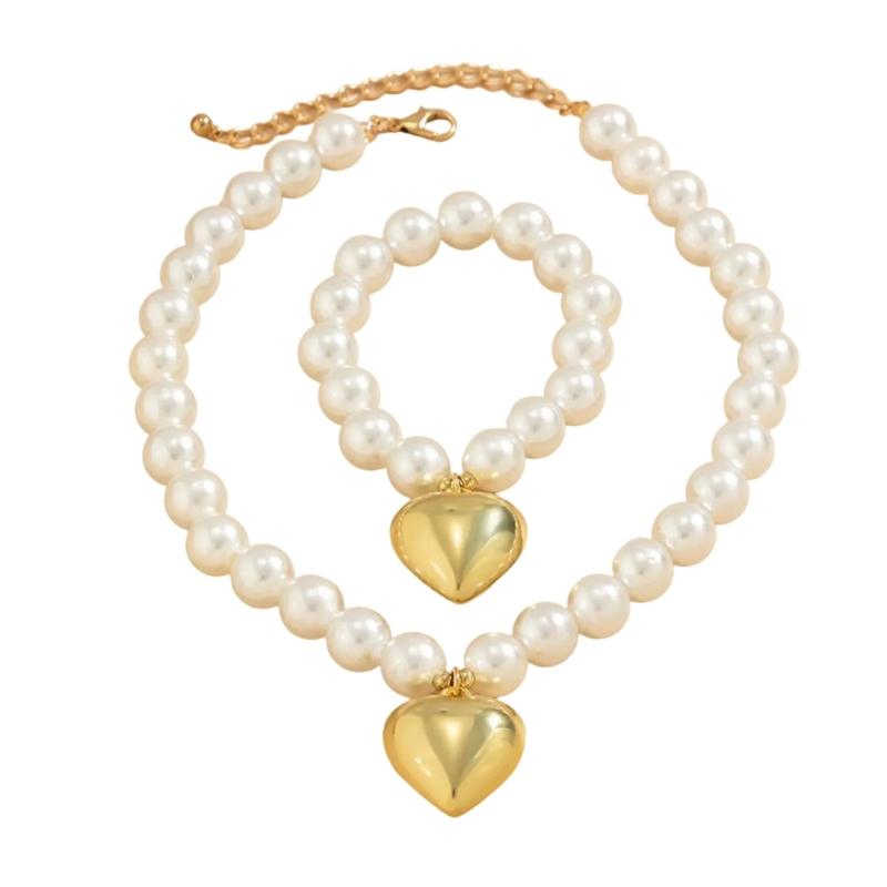 Heart Pendant Bracelet Necklace for Women Wedding Party Jewelry Set Ball Bead Chain Accessories Statement Accessory