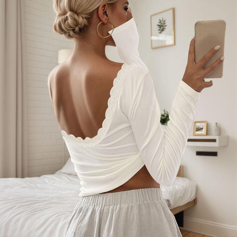 

Women White Lace Trim Low Back Ribbed Knit Long Sleeve Crop Top S белый