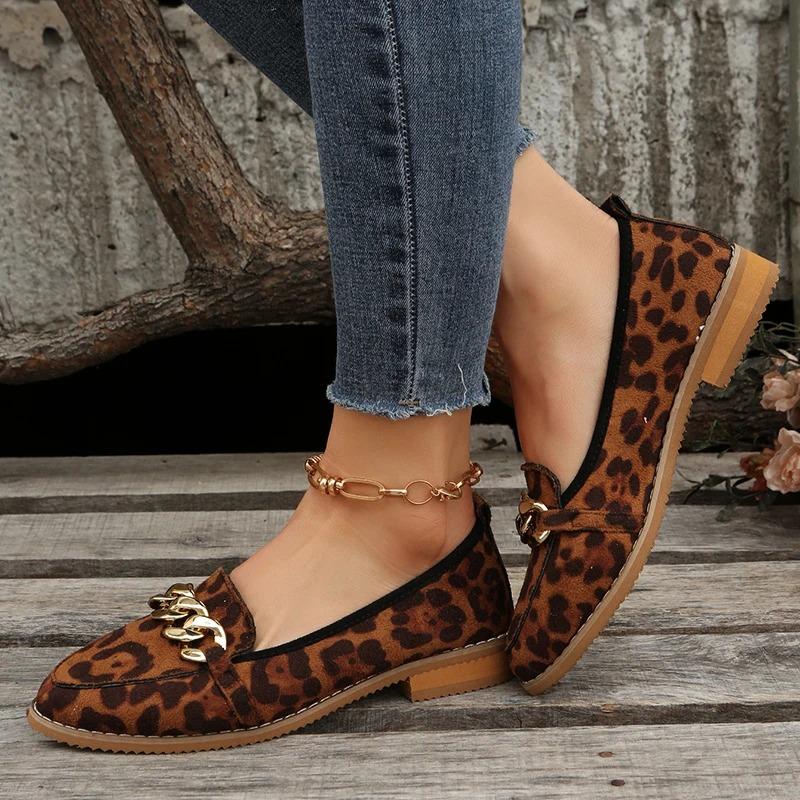 Spring Leopard Print Fashion Ladies Flat Heel Women Shallow Party Shoes Soft Soled  Loafers Mary Jane Large Size 43