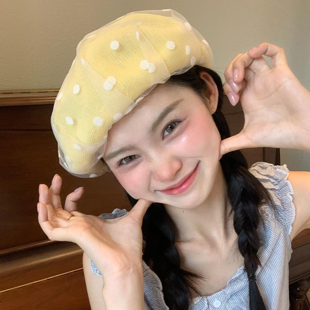 Korean Polka Dot Berets Mesh Beanie Cap British Knit Painter Caps  Streetwear