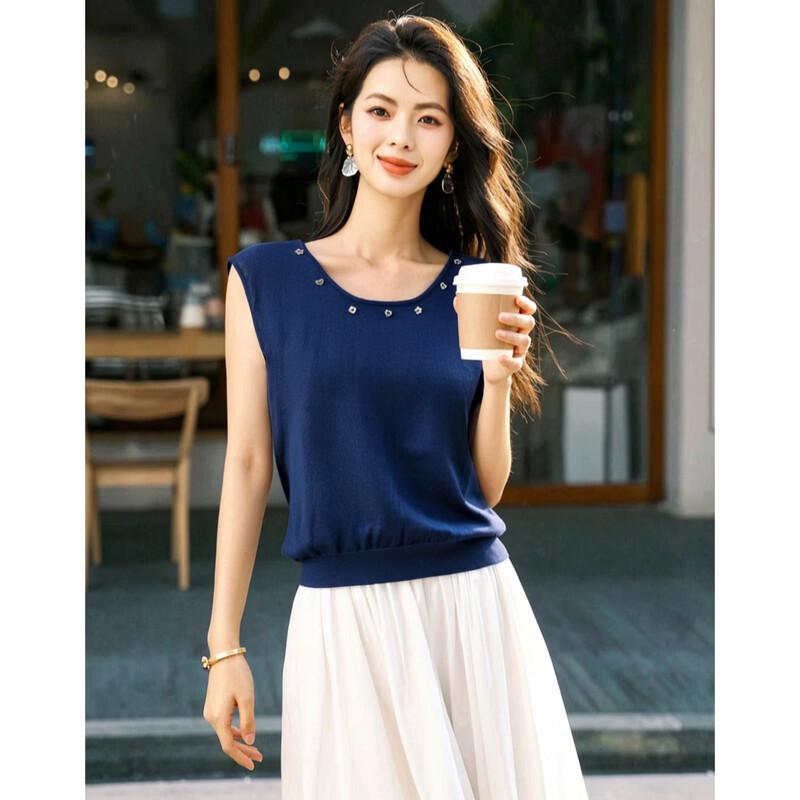 Women s Square Neck Slim Fit Ice Silk Knit Sleeveless Top S