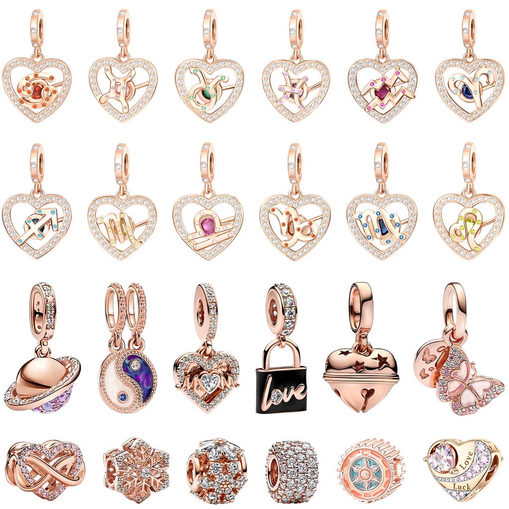 Funkelnde Kupferanhänger Roségold Schneeflocke Herz Geburtssteinperle Für Damen Halskette DIY Armband Geschenk Schmuck