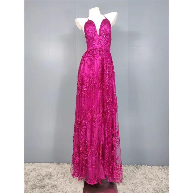 Export Single Sling Heavy Industry Shimmering Powder Sequins V Neck Classy Annual Meeting Host Banquet Birthday Party Evening Long Dress