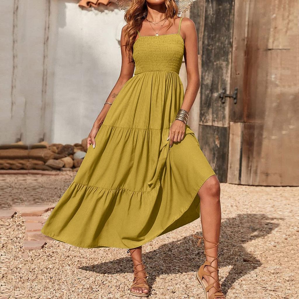 Strapless Dress For Women Solid Color Summer Beach Boho Smocked Tube Top Straps Swing Dress