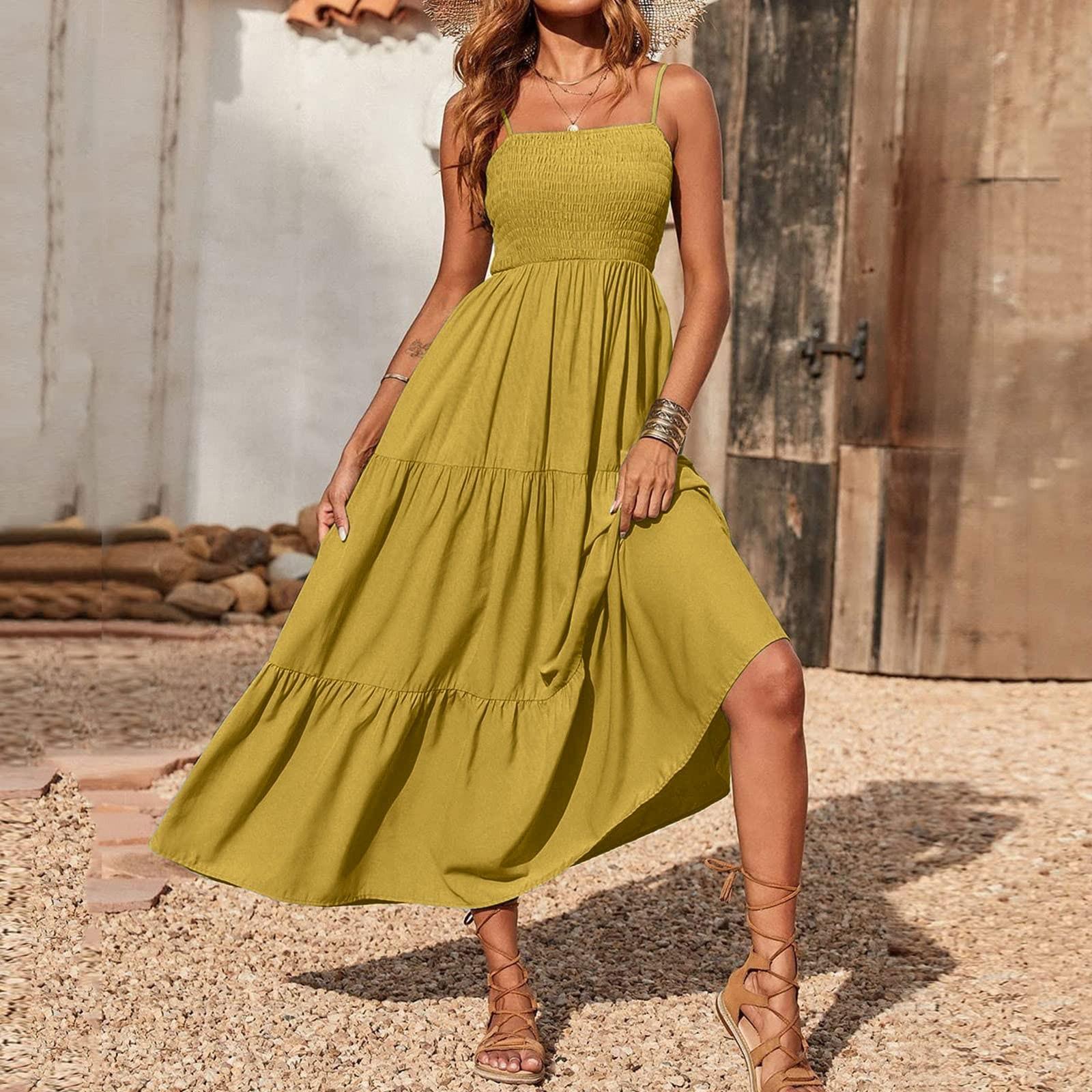 

Платье без бретелек для женщин, однотонное летнее пляжное платье в стиле бохо с копченым топом и бретелями, свободное платье S жёлтый