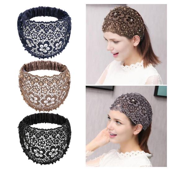 Plum Blossom Wide Headband Faux Pearls Non-Slip Crystal Imitation Floral Cutout Design Hair Band Festivals