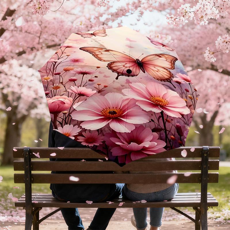 1pc Butterfly Flowers Automatic Open/Close Umbrella Compact Folding Umbrella with 8-Rib Shaft for Women/Men, Portable Travel Umbrella,1181S