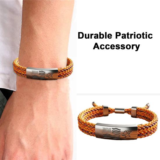 Patriotic American Flag Bracelet Engraved Metal Centerpiece Adjustable Knot Design Wristband Patriotic Accessory