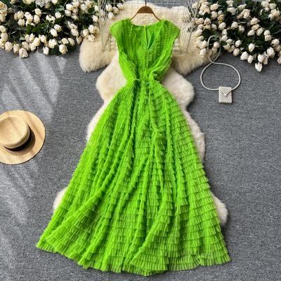 Vintage V-Ausschnitt Ärmellos Plissee Mesh Elegantes Unterkleid A-Linie Hohe Taille Urlaub Damen Sommer Vestidos Kleider