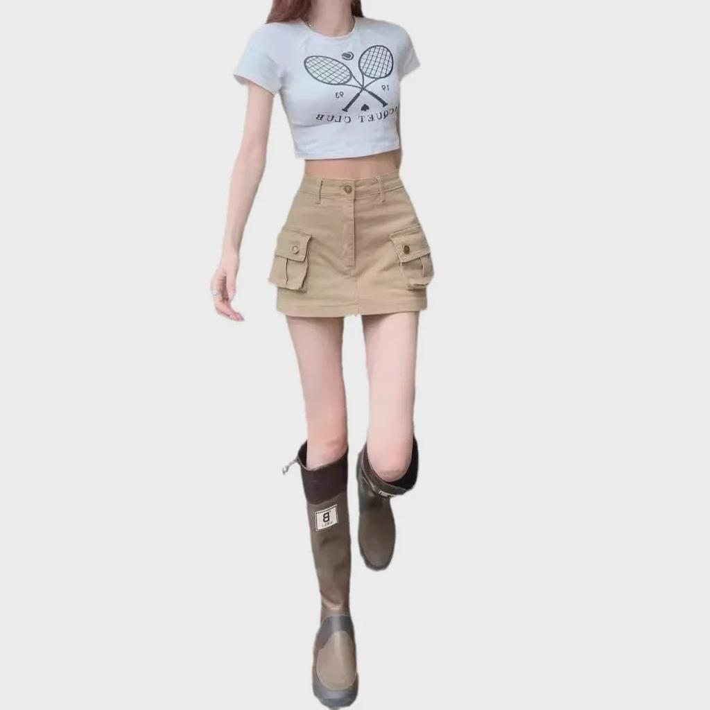 Khaki džínová sukně áčkového střihu s vysokým pasem pro ženy - Americký retro styl, Design boků proti odhalování pro trendy dívky