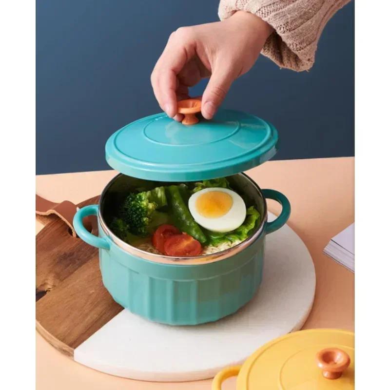 Lovely Solid Stainless Steel Double Ear Instant Noodle Bowl Soup Bowl with Cover Thermal Insulation Household Multifu Bento Box