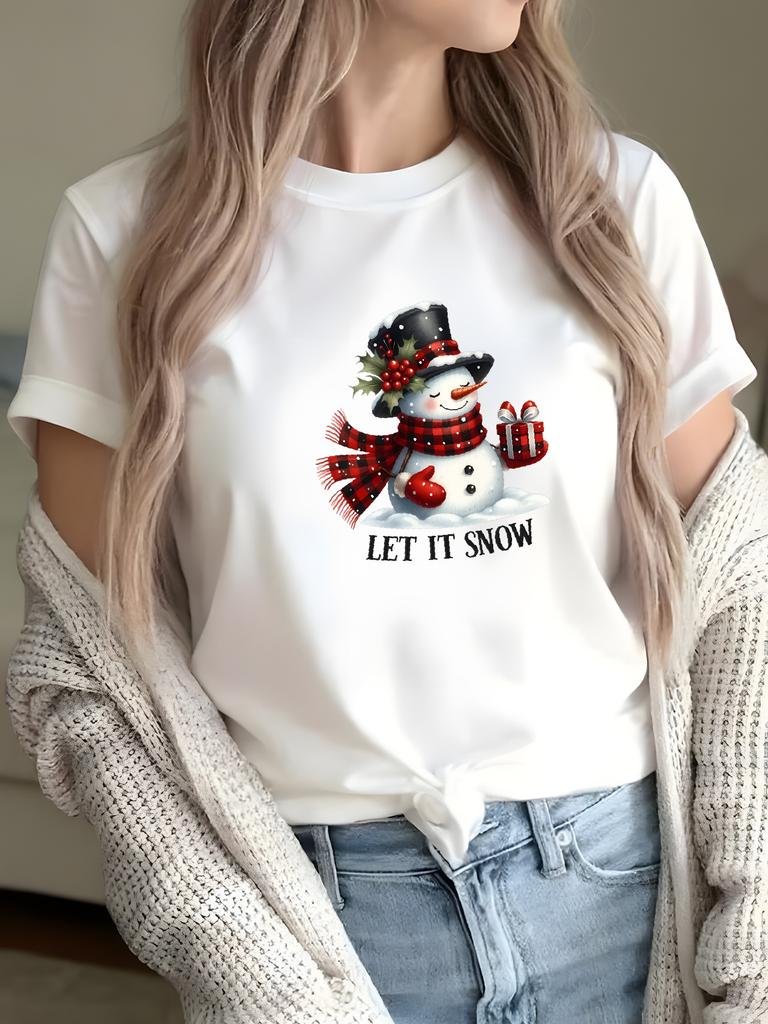 WomenS Christmas TShirt with Cute LET IT SNOW SnowUnisex Holly Print Sleeve Crew Neck Harajuku Short Sleeve Casual