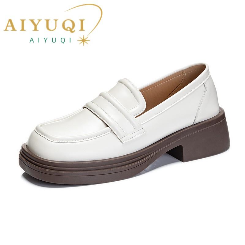 

Лоферы Женщины Натуральная кожа Британский стиль Женщины Весенняя обувь Повседневная толстая пятка Квадратный носок Скольжение на обувь Дамы