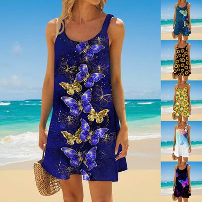 Women's Fashion Summer Beach Casual Print Sleeveless Cute Mini Sling Dress