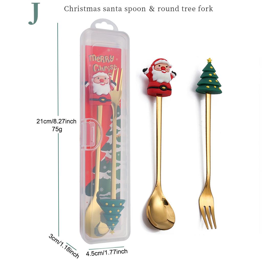 2Pcs Christmas Theme Dinnerware Set with Storage Box Snowman Christmas Tree Fork Spoon Cutlery Set Stainless Steel Tableware