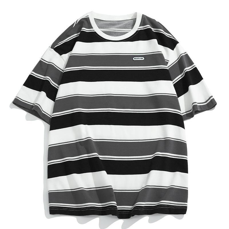Main Striped Couples T-shirts for Men and Women Summer Loose Contrast Color Short Sleeve Shirt for Unisex