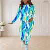 Women Plus Size Round Neck Long Sleeve Printed Blue Pink White Top And Fitted Pants Two Piece Set